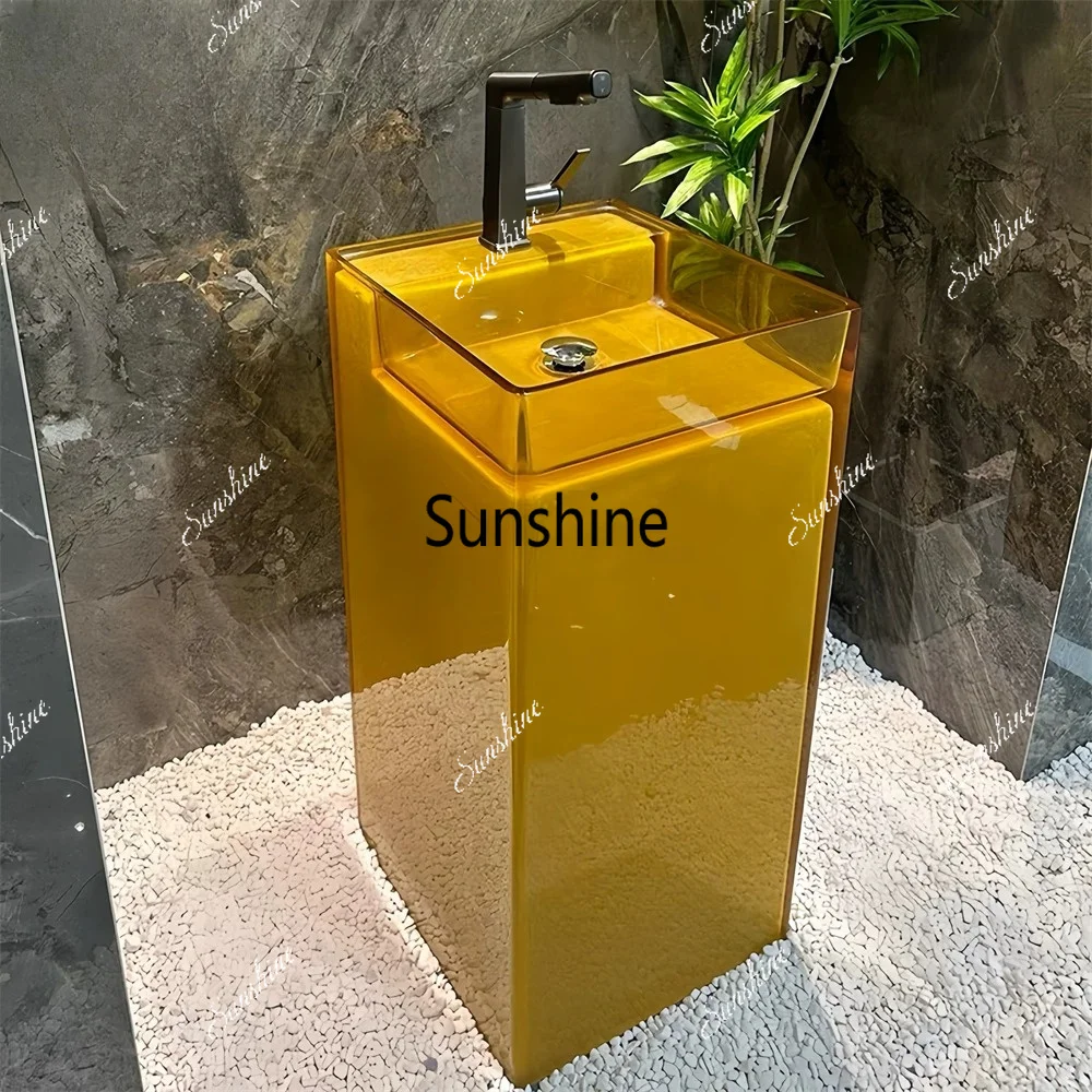 Transparent yellow square integrated floor-to-ceiling washbasin