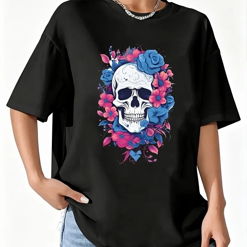 Skull Roses Women's 100% Cotton T-Shirt Fun Print Short Sleeve Top Casual Round Neck Tee S-5Xl