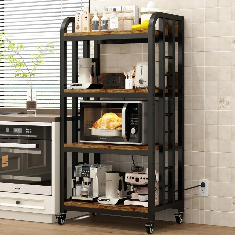 4-Tier Kitchen Bakers Rack with Power Outlet and Rolling Wheels, Microwave Stand with Storage