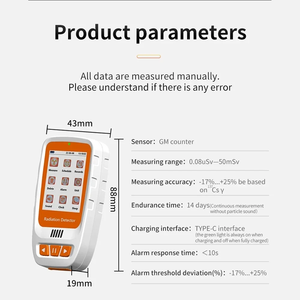 HFS-20 Handheld Geiger Counter Nuclear Radiation Detector Color Screen High Precision X β γ-ray Tester Dosimeter Alarm Settings