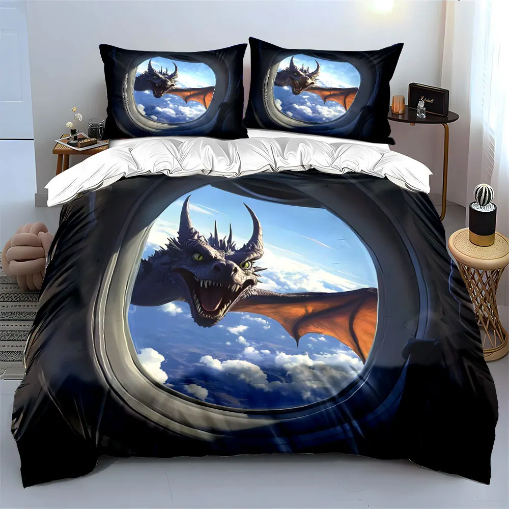 A dragon appears outside plane window Printed Duvet Cover Set 1 Duvet Cover+2 Pillowcase Multi Size Bedroom Bedding Decoration