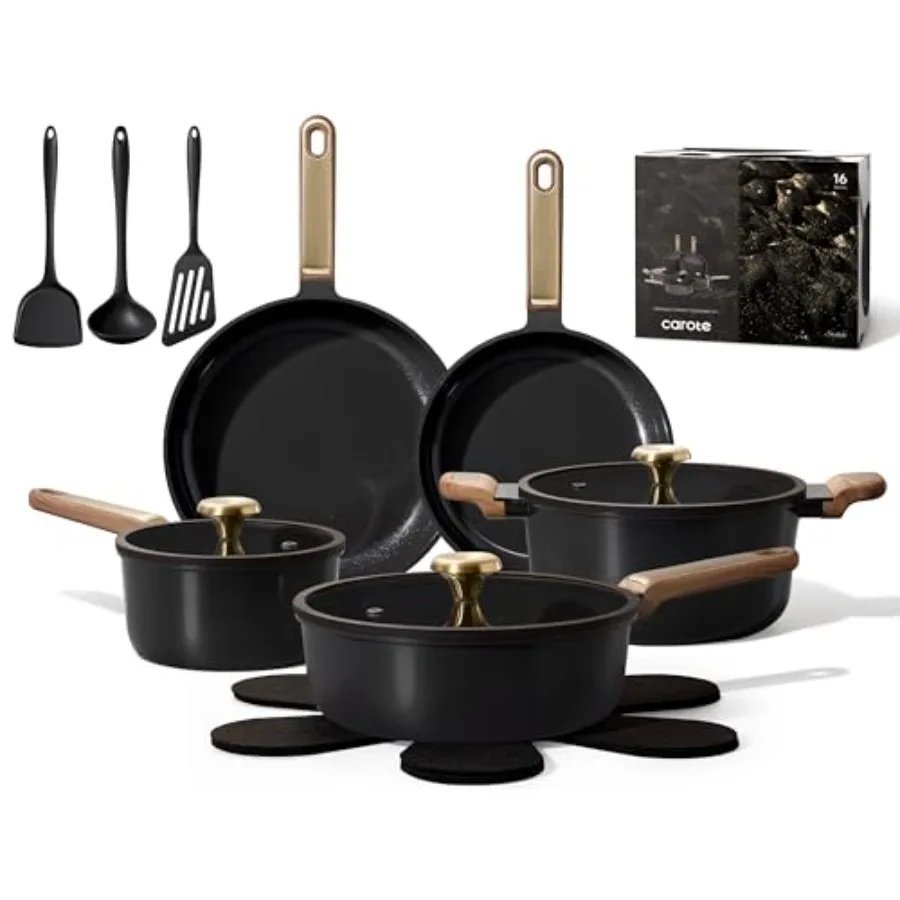 

Набор керамической посуды с антипригарным покрытием, 16 предметов, кастрюли и сковородки, антипригарные, нетоксичные, без PFAS, подходят для посудомоечных машин, набор посуды для кемпинга и автодомов