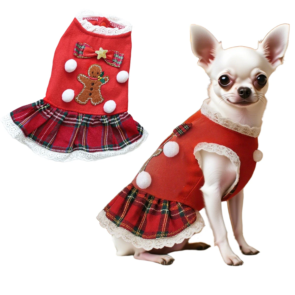 

Christmas Dog Outfit, Red Puppy Dress for Small Girl, Bow Knot Coat With Gingerbread Man, Xmas Cat Apparel, Winter Pet Clothes