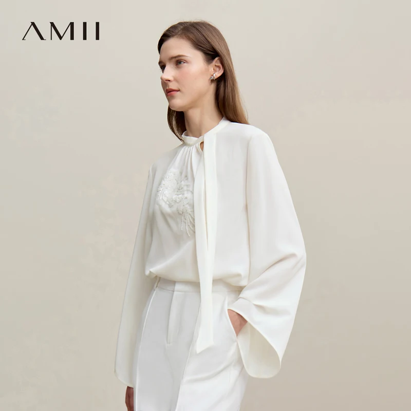 

Элегантная блузка Amii для женщин, весна 2026, новая коллекция, повседневная, с воротником-стойкой, вышитая шифоновая рубашка, свободный крой, модель 12621027