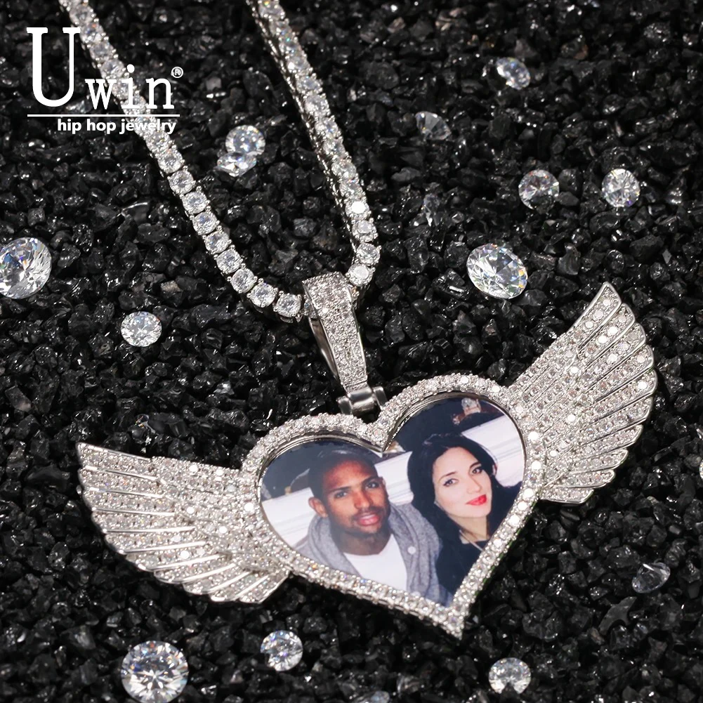 

Uwin DIY ожерелье с фотографией в форме сердца с крыльями Iced Out кубический цирконий подарок на память хип-хоп модные украшения