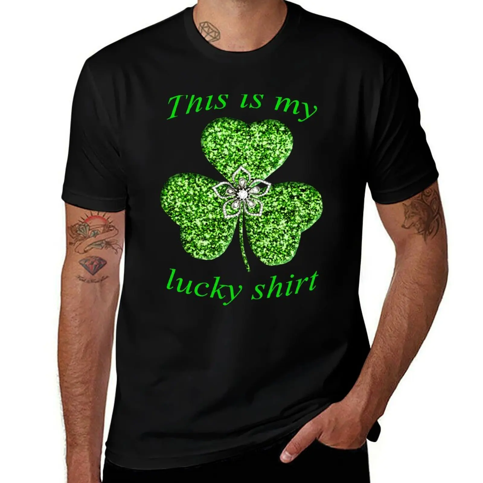 Funny Green Glitter Shamrock With A Flower T-Shirt Breathable Workout Short Sleeve Top T-Shirt
