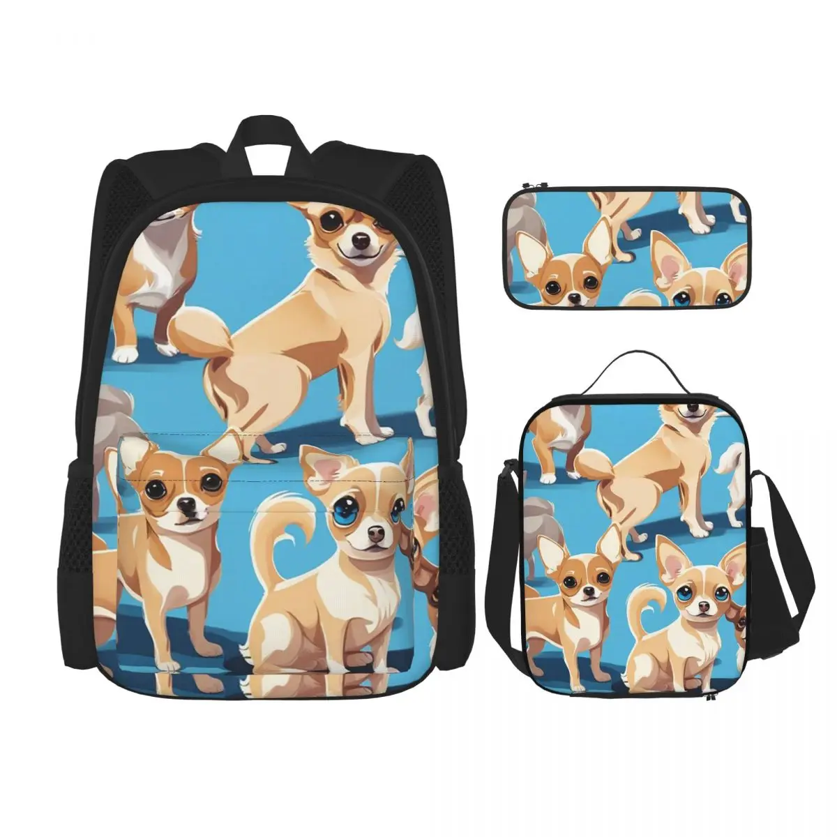 

A Pack Of Chihuahuas, Basic Blue Color Backpacks Children Bookbag School Bags Rucksack Lunch Bag Pen Bag Three-Piece Set