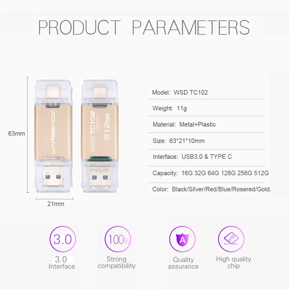 Flashdisk USB 2 IN 1 Wansenda Baru Tipe C Pen Drive 512GB 256GB 128GB 64GB 32GB Pendrive USB Stick 3.0 Memory Disk