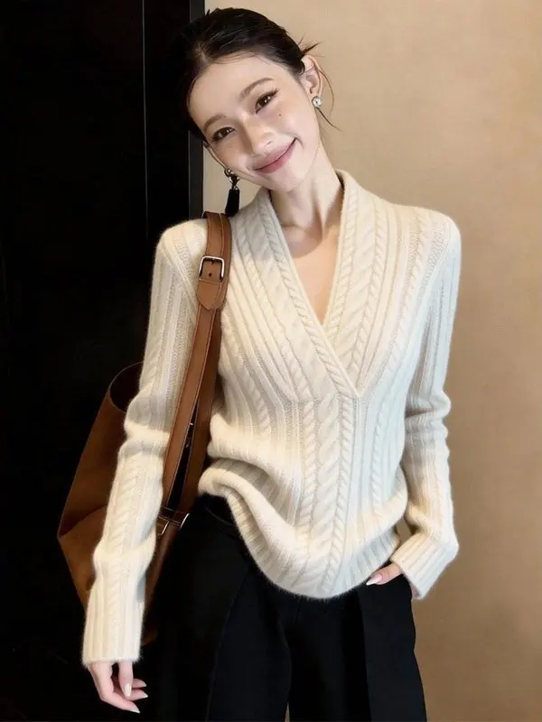 

Ele V-Ne Knitted Sweater Long Sve Slim Fit Winter New Sle Soft Gentle Sle Knot Design Comfortable Breathable Top