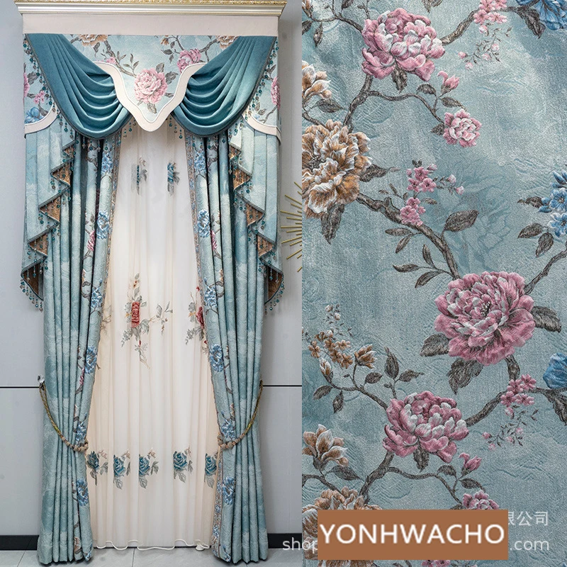 

Custom French light luxury high precision 4D large relief jacquard blue cloth blackout curtain tulle valance drape C1614