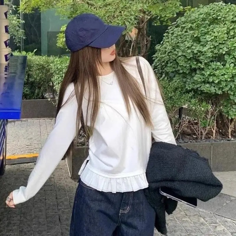 

Корейская кружевная базовая рубашка с круглым вырезом и длинными рукавами для женщин ранней весной, универсальная рубашка с длинными рукавами и кружевным краем по краю внутри