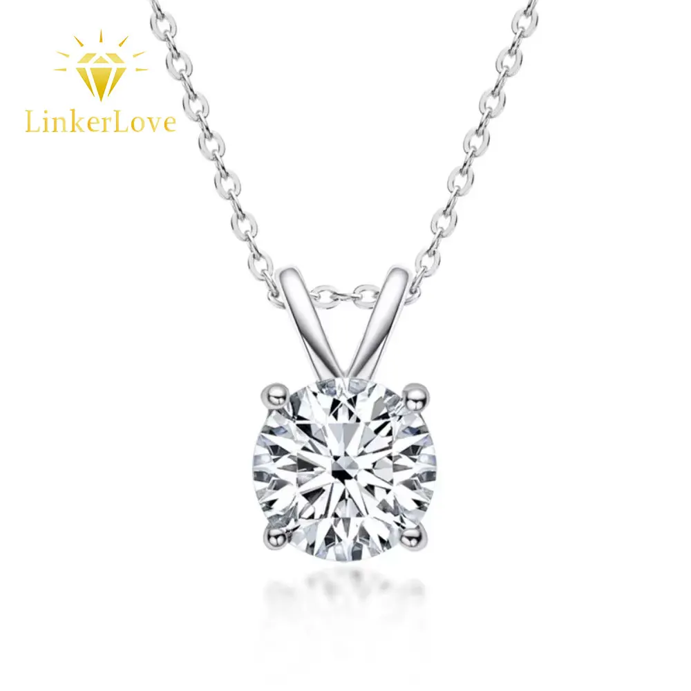 LinkerLove S925 Sterling Silver Moissanite Solitaire Pendant Necklace V Shaped Bail Design Fine Jewelry for Women Birthday Gift
