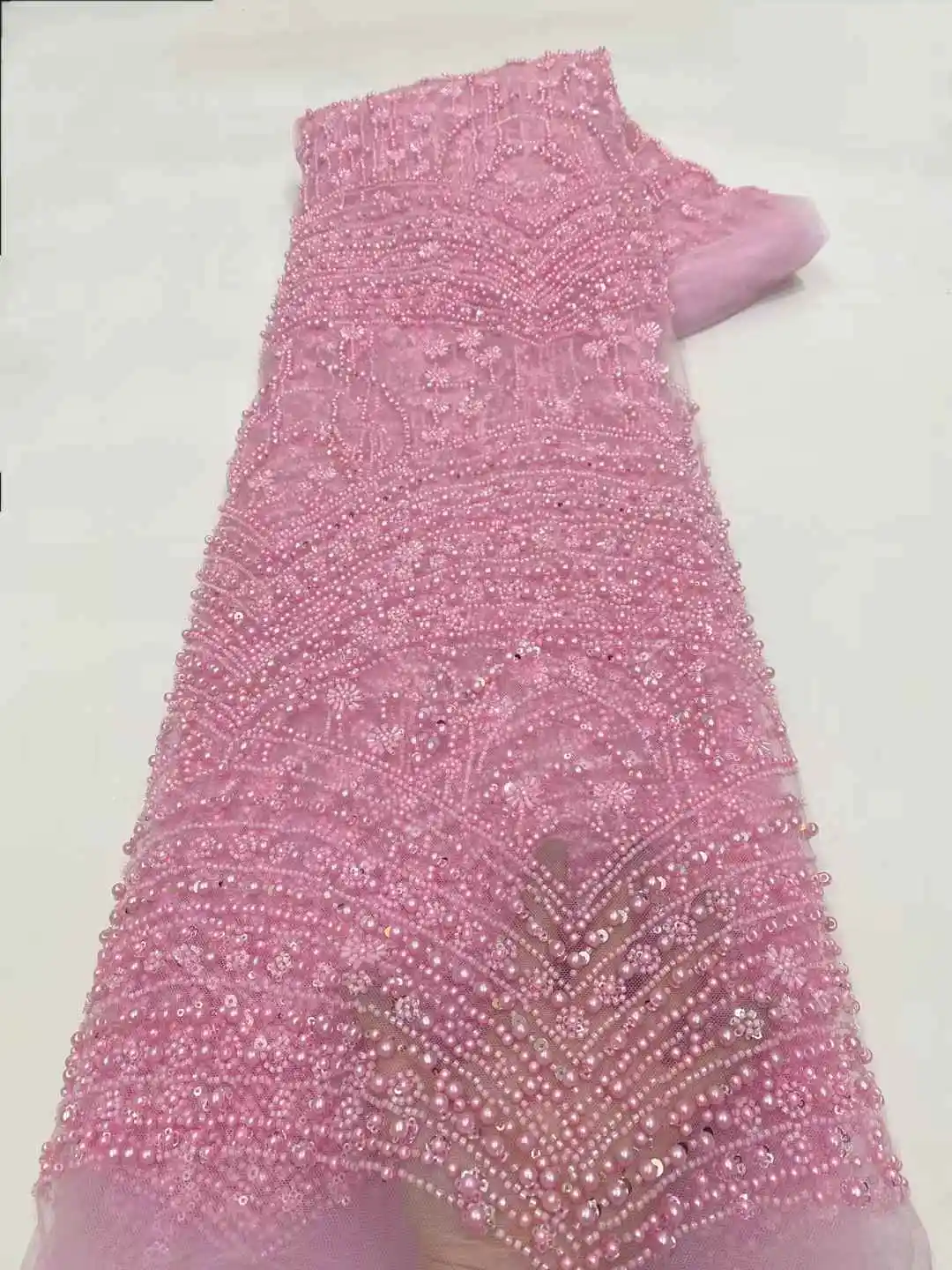 

Latest African Beads Lace Fabric Sequins Tulle Lace Fabric Embroidered Applique Nigerian Fabric for Wedding Party Sewing