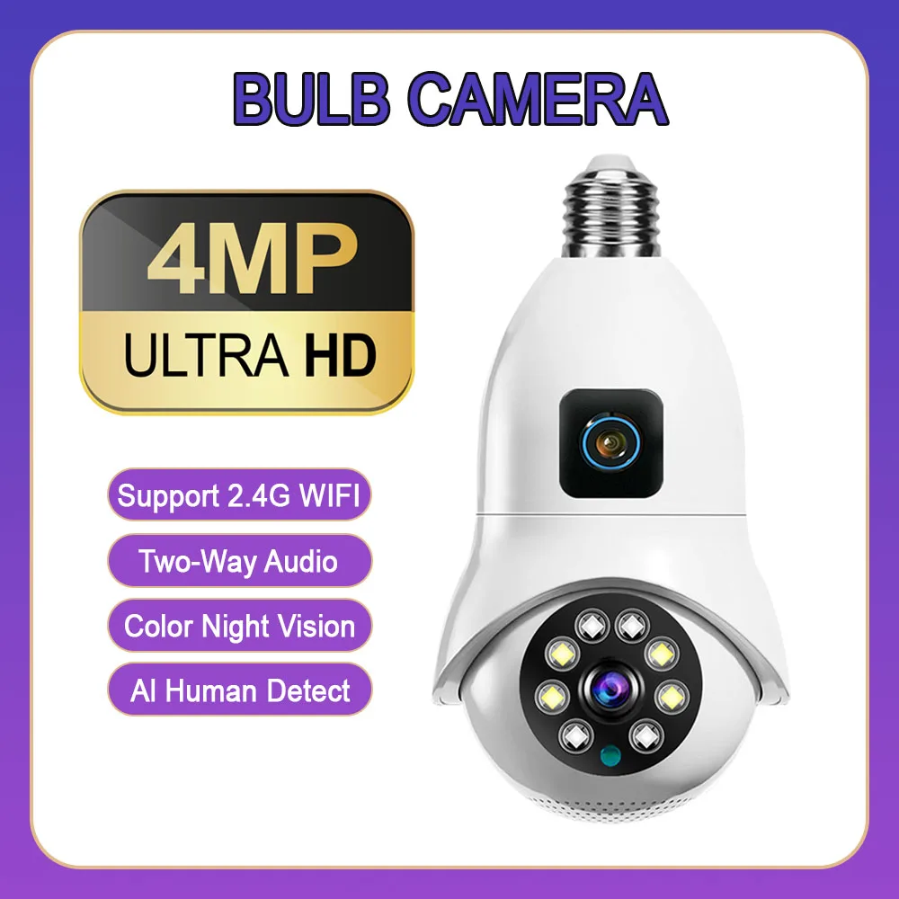 

4MP WIFI Bulb Camera Dual Lens E27 Bulb V380 Pro Camera Motion Detection 4K PTZ Security Surveillance IP Security CCTV Camera