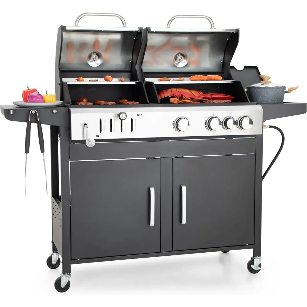 Gas Grill and Charcoal Grill Combo with Side Burner & Porcelain-Enameled Cast Iron Grate, Dual Fuel BBQ Grill