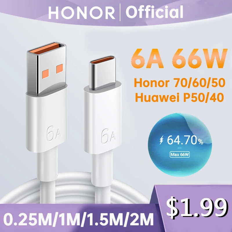 Original Honor Cable 66W 6A Super Charge Cable Data Cord For Honor 50 60 70 5g Magic 4 Pro 10 Huawei P50 P40 Fast Charging Wire