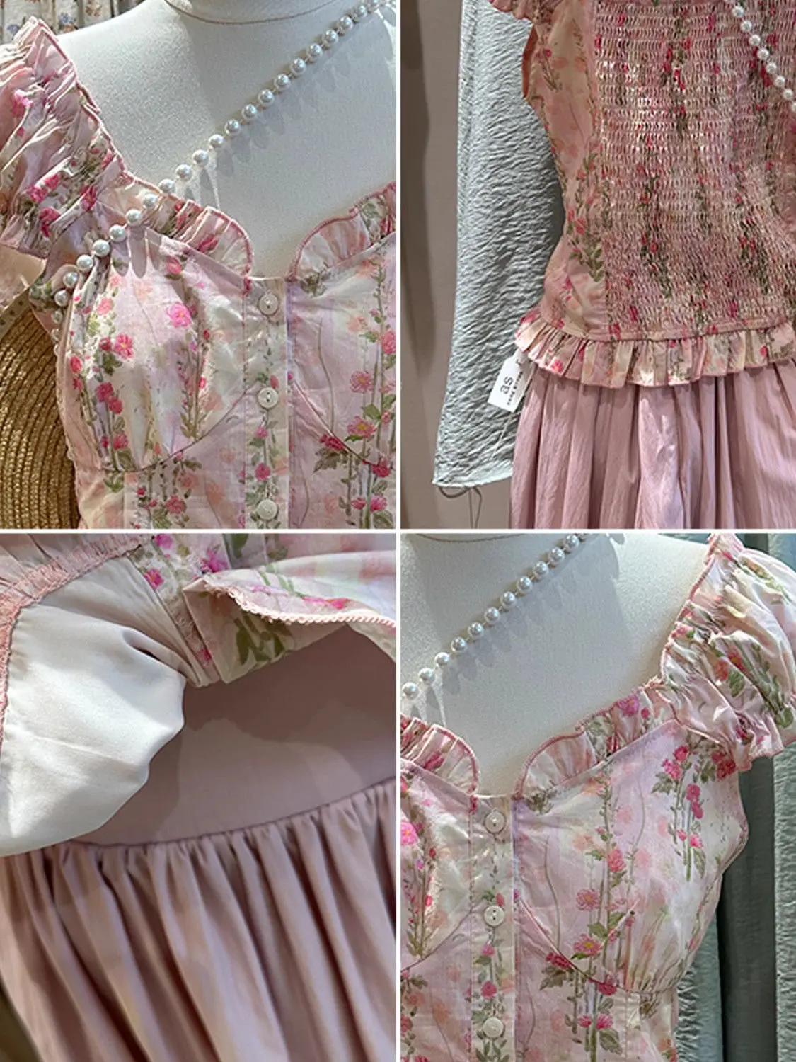 Korean Style Sweet Fungus V-neck Pleated Slim Fit Floral Short-sleeved Top 2024 Summer New Style Temperament Shirt