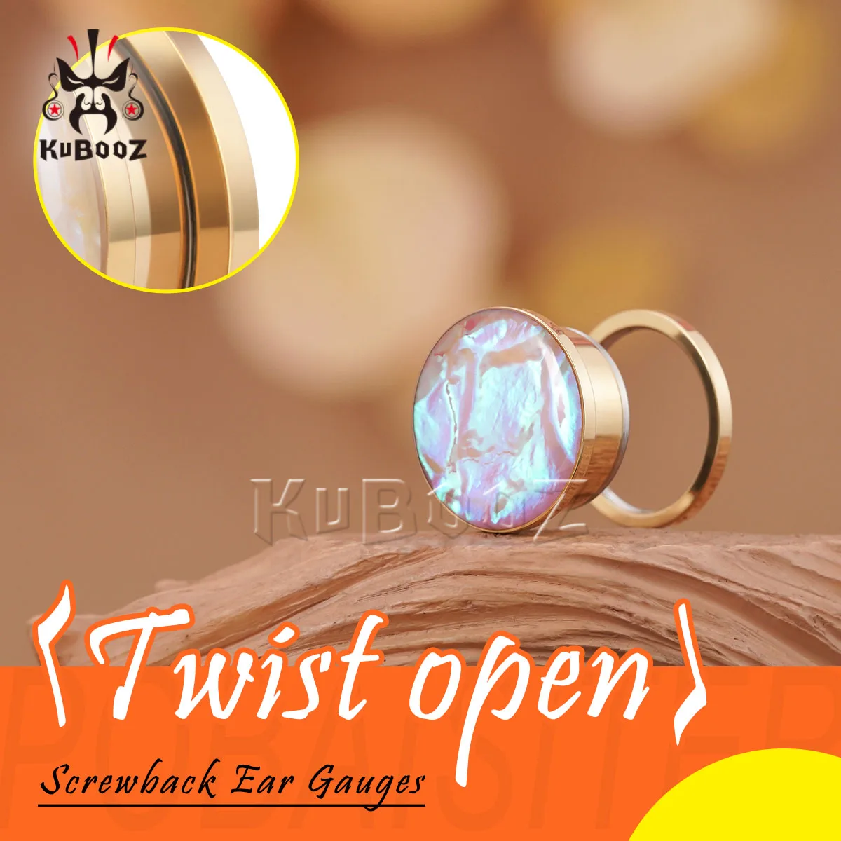 KUBOOZ Vergoldete Ohr-Tunnel-Plugs mit rosa schillernder Muscheleinlage, Edelstahl-Ohr-Dehner, Piercing-Schmuck, Geschenk – Detail 3