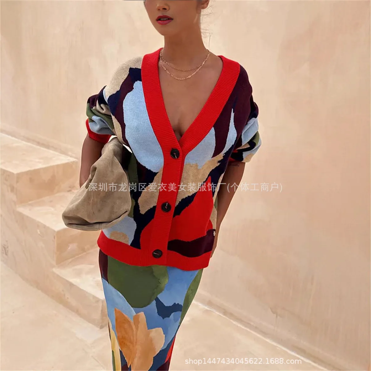 2025 Otoño Invierno nuevo bloque de Color Jacquard suelto cuello en V cárdigan de manga larga mujeres multicolor opcional moda versátil Top