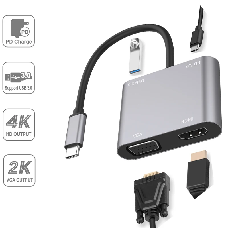 

Конвертер USB в VGA, совместимый с USB-C в HDMI адаптер VGA, док-станция, совместное использование экрана, USB-концентратор, разветвитель, конвертер Plug and play