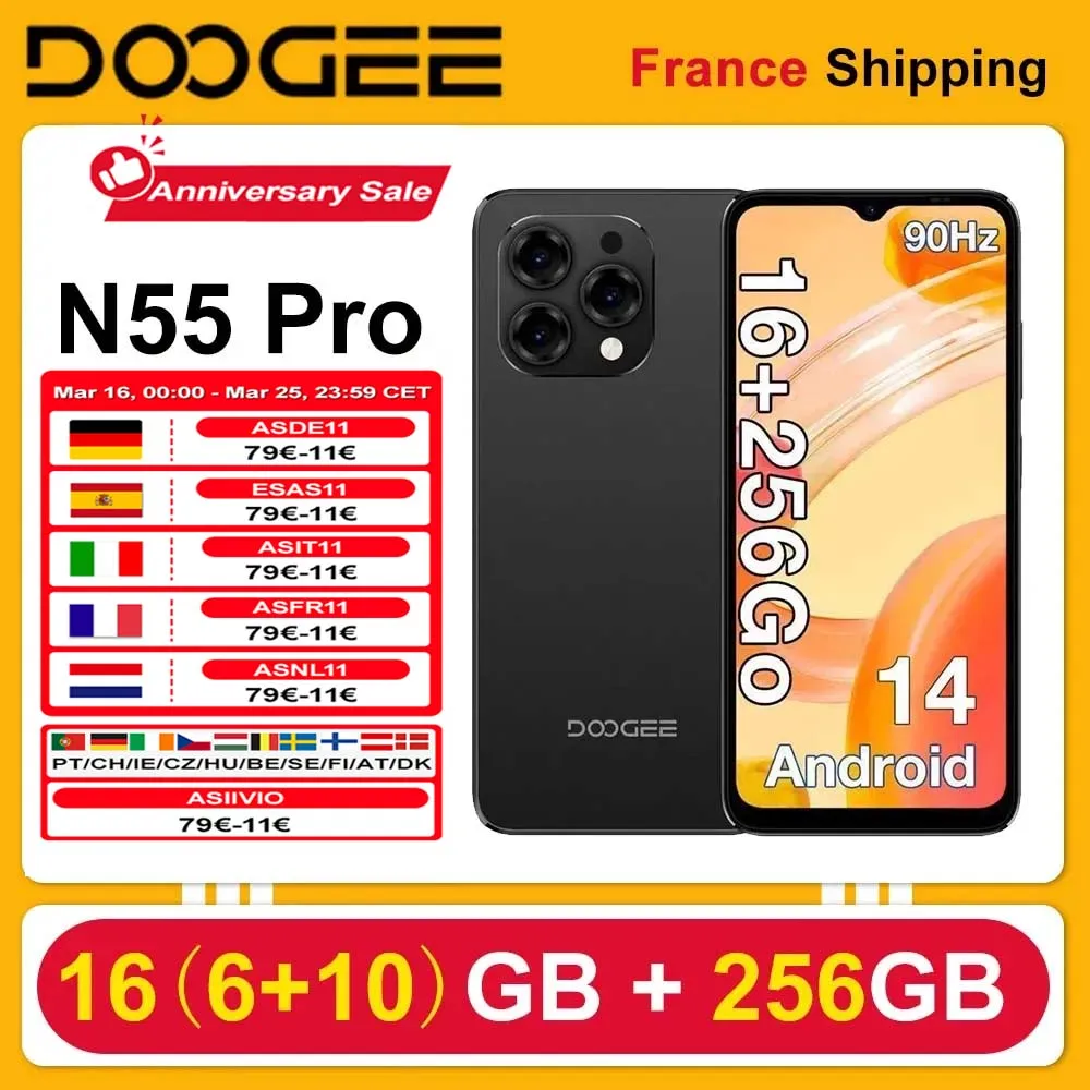 DOOGEE N55 Pro Android 14 Smartphone, 16 Go (6 + 10) RAM 256 Go ROM 5150 mAh 6,56 ''HD + 90 Hz 13 MP Déverrouillage du visage Prise pour écouteurs 3,5 mm