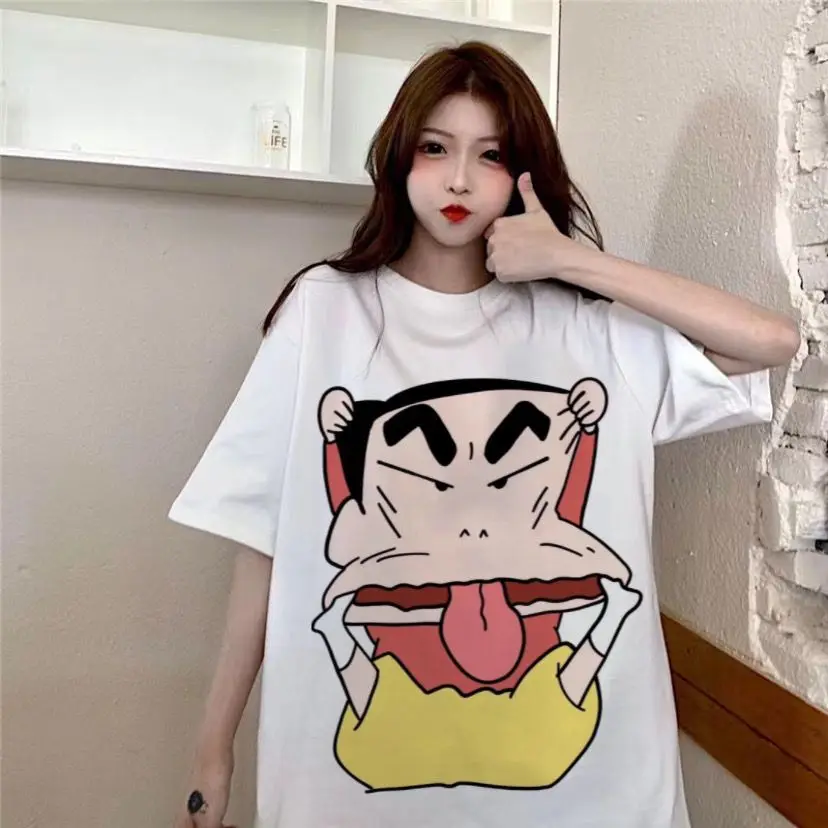 Camiseta de dibujos animados de crayón Shin-Chan Graffiti, juguetes de manga corta, lindo Anime Kawaii, Top corto blanco suelto, nuevo de verano