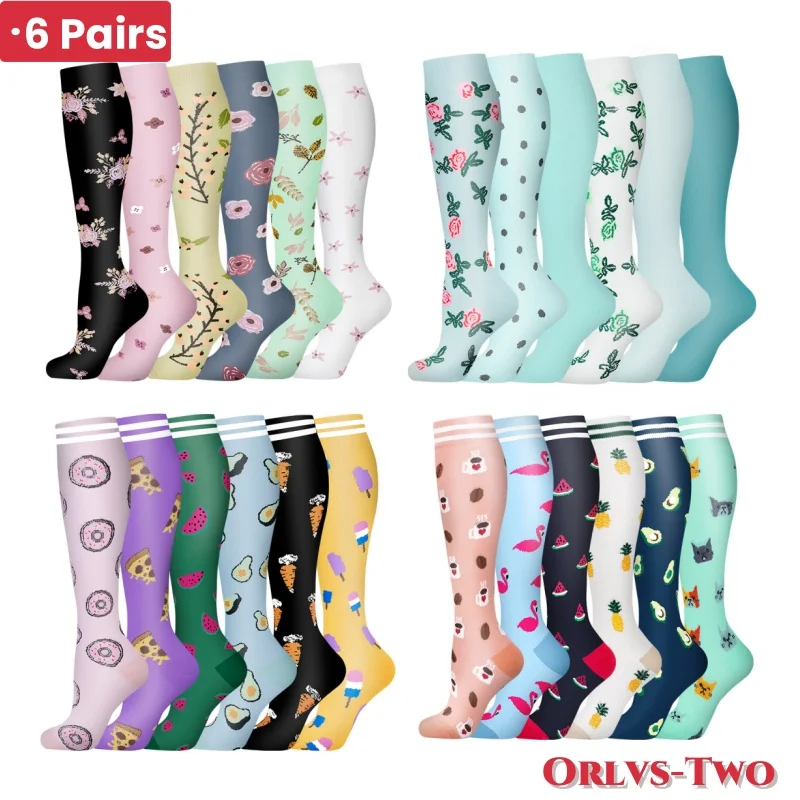 6 PAIRS Compression Flowers Animal Fruit Socks for Men Women Running Nurse Socks Nurses Sport Ladies Lady Womens Running