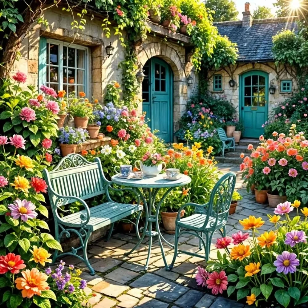 Pintura Diamante 5D DIY para Decoração de Parede, Presente, Paisagem Ensolarada com Jardim de Casa de Campo, Móveis Verdes e Flores Coloridas de Dahlia