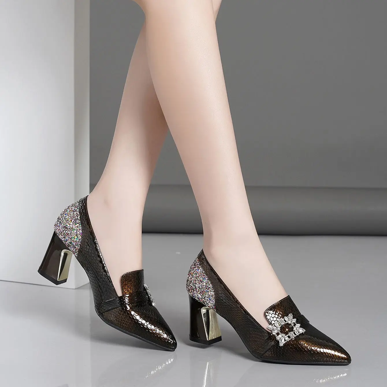 FHC 2024 Europea Women Pumps,High Heels Spring Shoes,Shallow Out,Pointed Toe,Rhinestone Square Buckle,Slip On,Yellow,Dropship