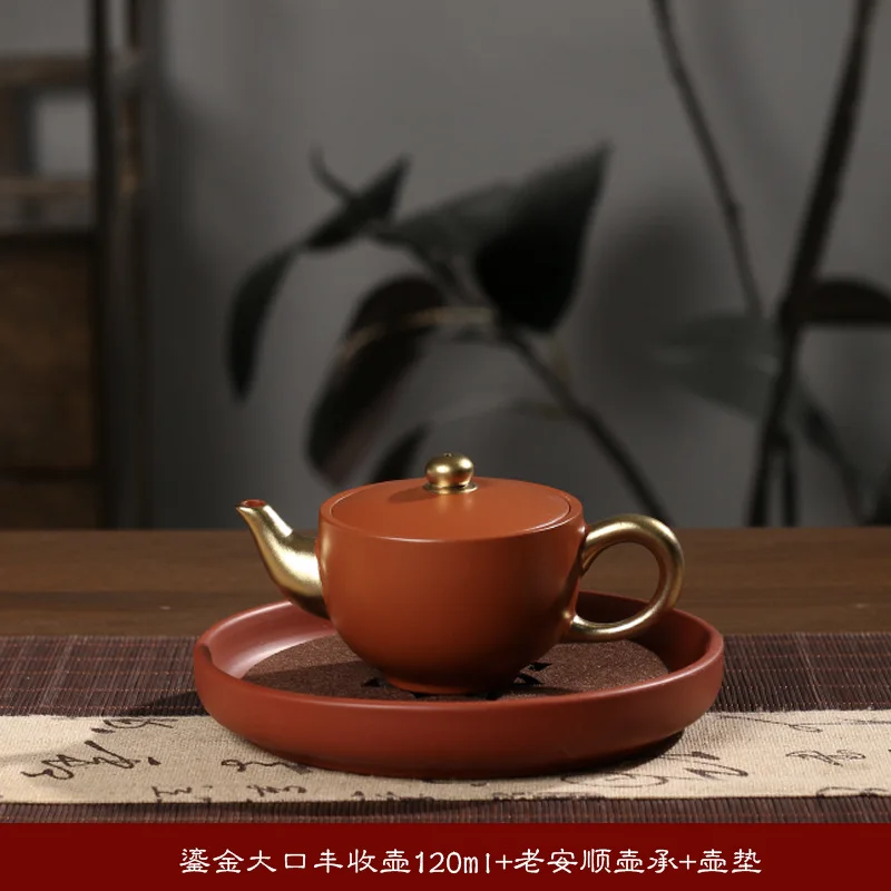 120ml Handmade Zisha Zhuni Gilded Fengshou Teapot, Wide Mouth Kungfu Tea Brewing Pot for Home Gongfu Tea Making