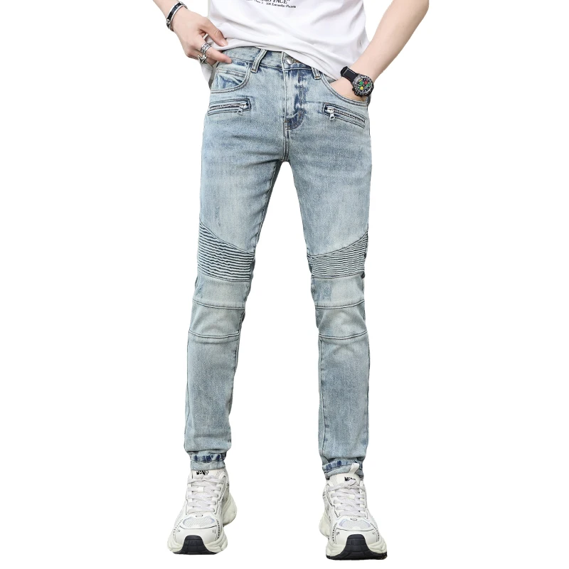 Motorcycle Jeans Men's Retro Light Blue Fashion Men's Clothing Street Cool Pleated Slim Fit Patchwork Tappered Pants