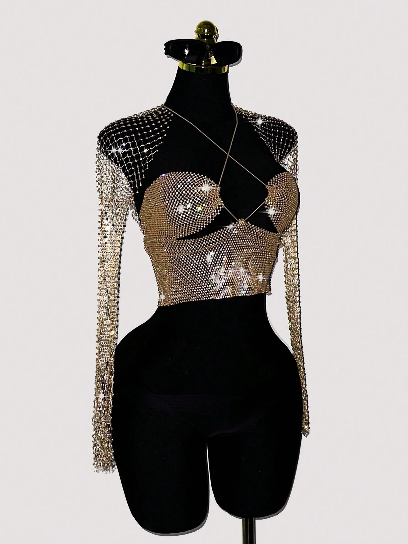 Sexy Gold Rhinestone Long Sleeve Crop Top Women Sparkle Crystal Mesh Fishnet Backless Party Club Rave Outfit Festival Nightclub