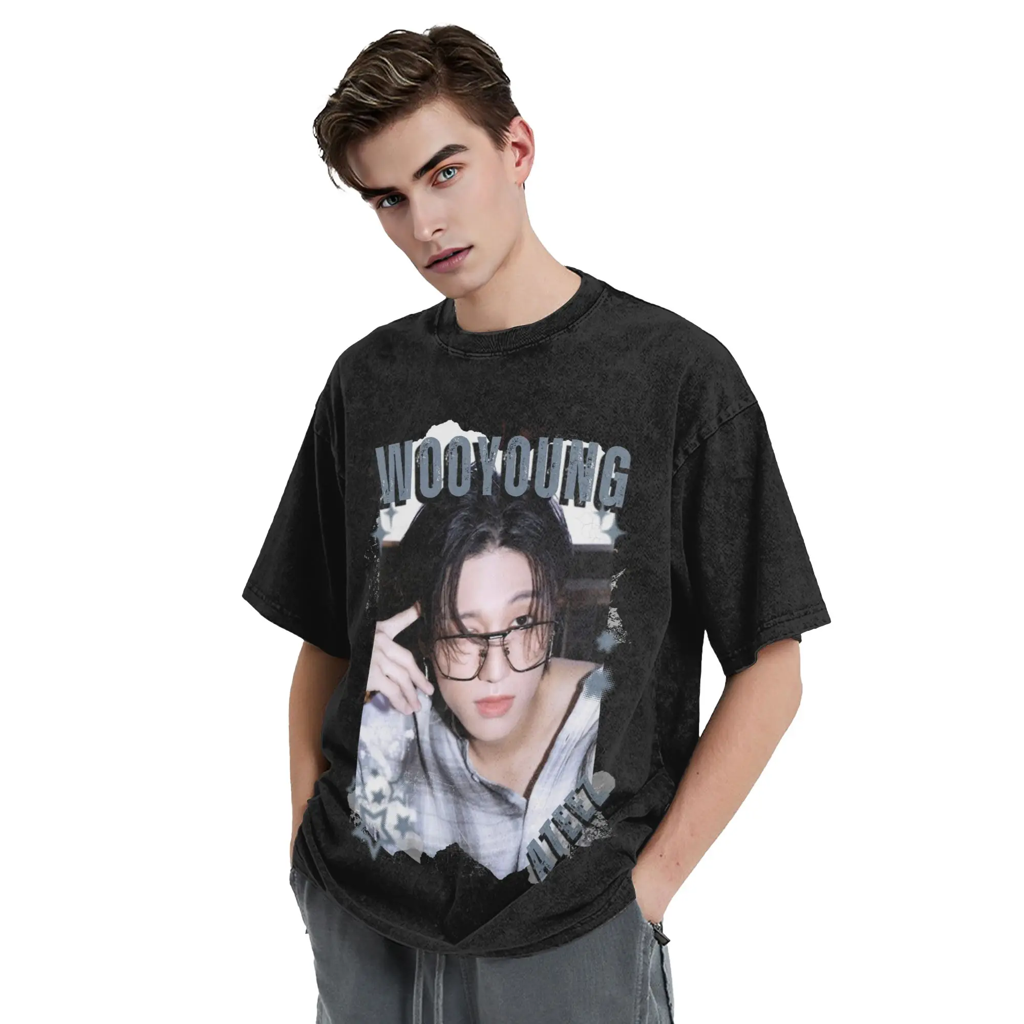 Kpop Boy Group A-Ateez Wooyoung Washed T Shirt Streetwear  Vintage T-Shirt  Tees Men Women 100% Cotton Oversize Printed