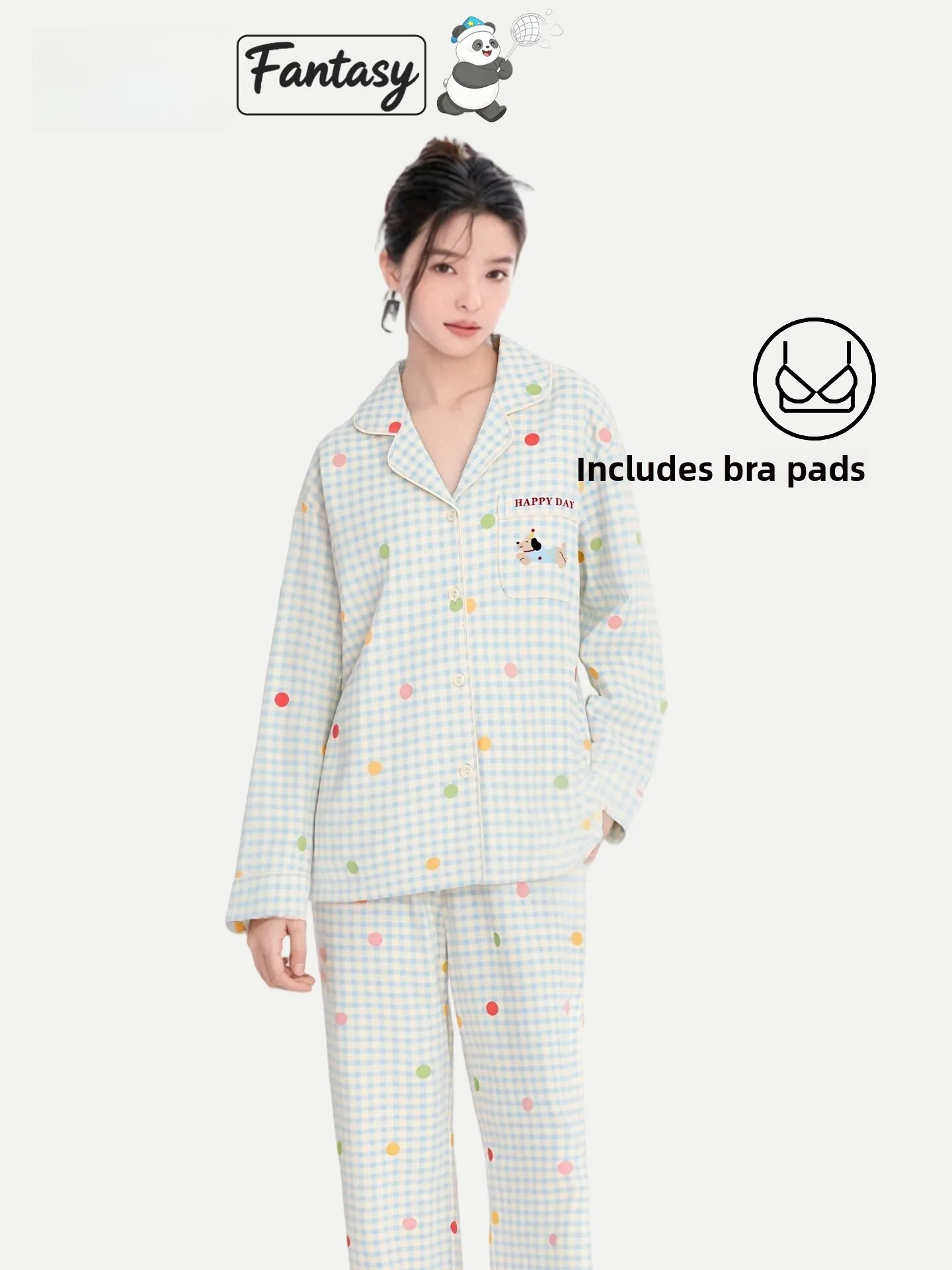 PinkBread Sweet Cartoon Sausage Dog Ladies Sleepwear with Chest Pad Pure Cotton Home Clothes Outerwear Suitable for Autumn Sp...