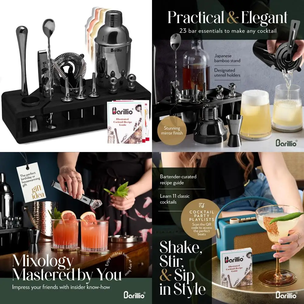 

Stainless Steel Cocktail Shaker Set with Black Bamboo Stand - Mixology Tools for Bartending