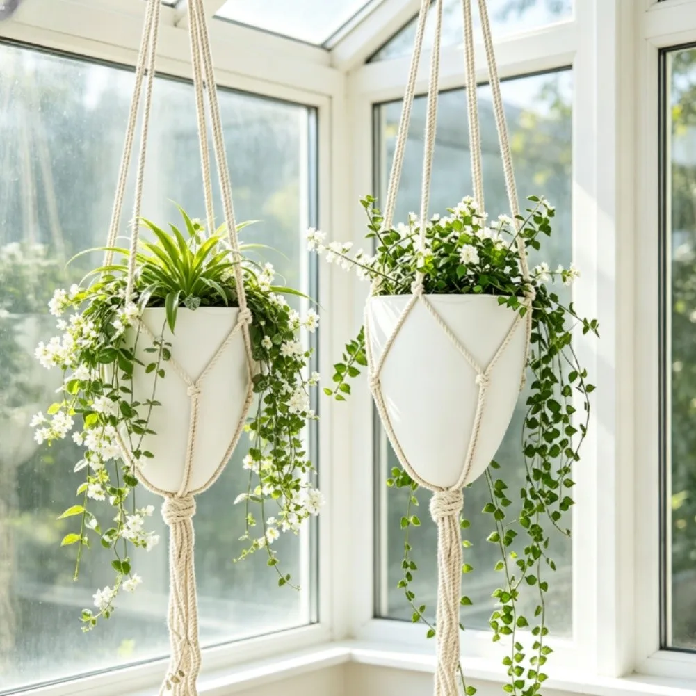2PCS Macrame Hanger with Egg Design Cotton Rope and Removable Inner Basket for Living Room Balcony For Indoor Use