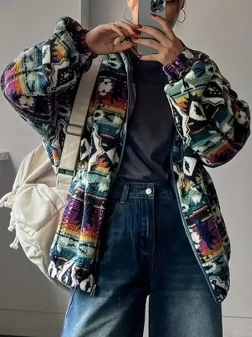 Giacca da donna Autunno e inverno Nuovo popolare casual caldo stile etnico stampato giacca con cerniera in peluche Giacca retrò alla moda