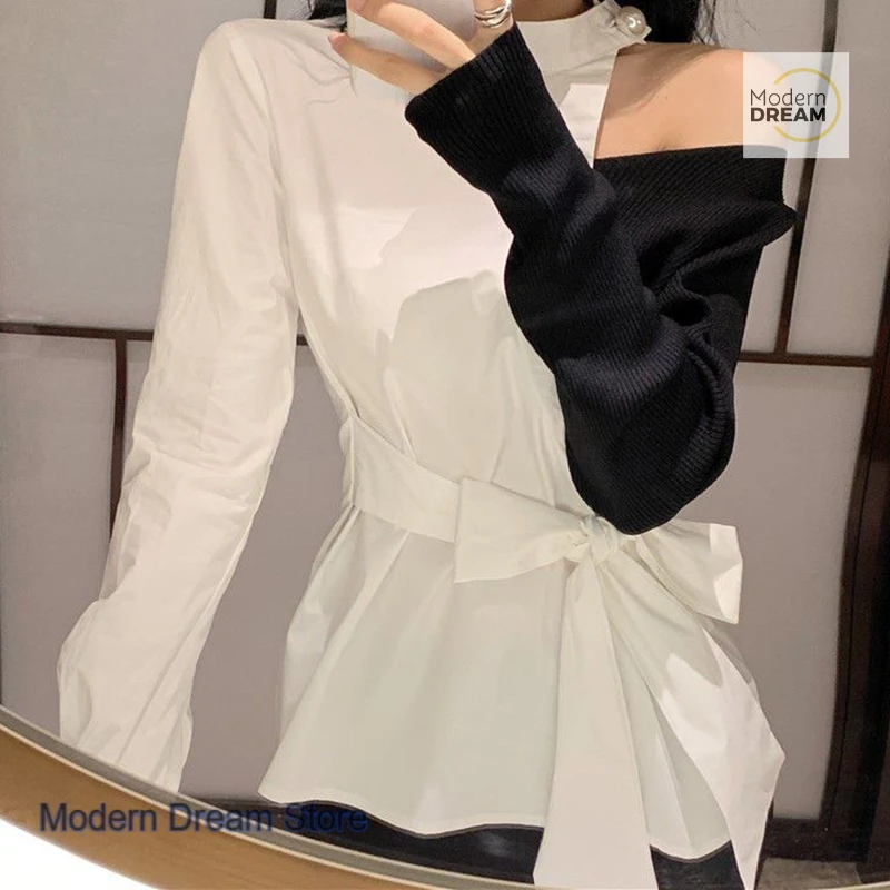 

French waist hanging neck stitching black and white contrast shirt women's spring and autumn fashion temperament tie-up blouse