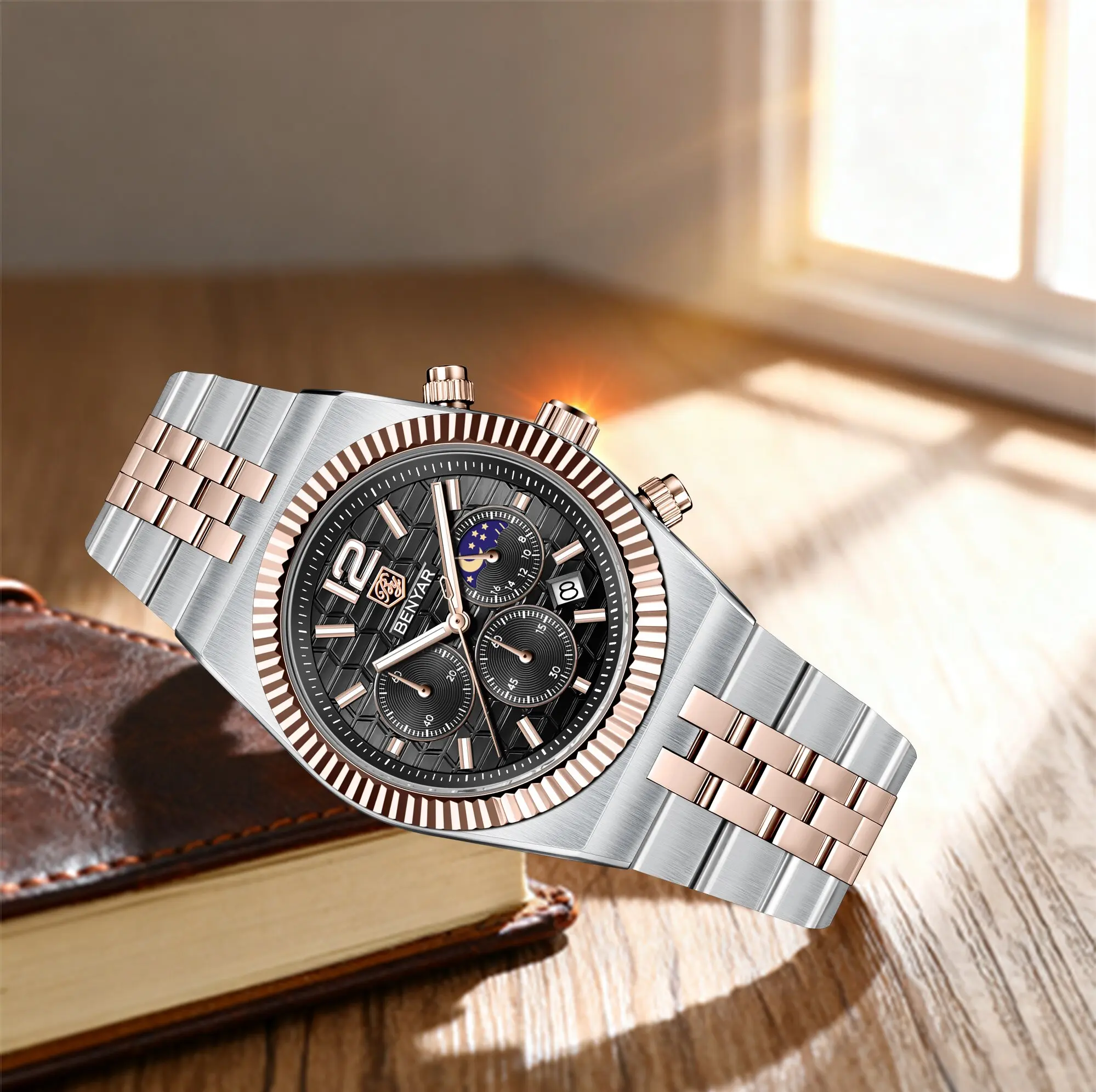 

BENYAR 2026 Men's Quartz Watch 40mm High-End Retro Trend Style Hardlex Mirror Moon Phase Small Three-Pin Waterproof Chronograph