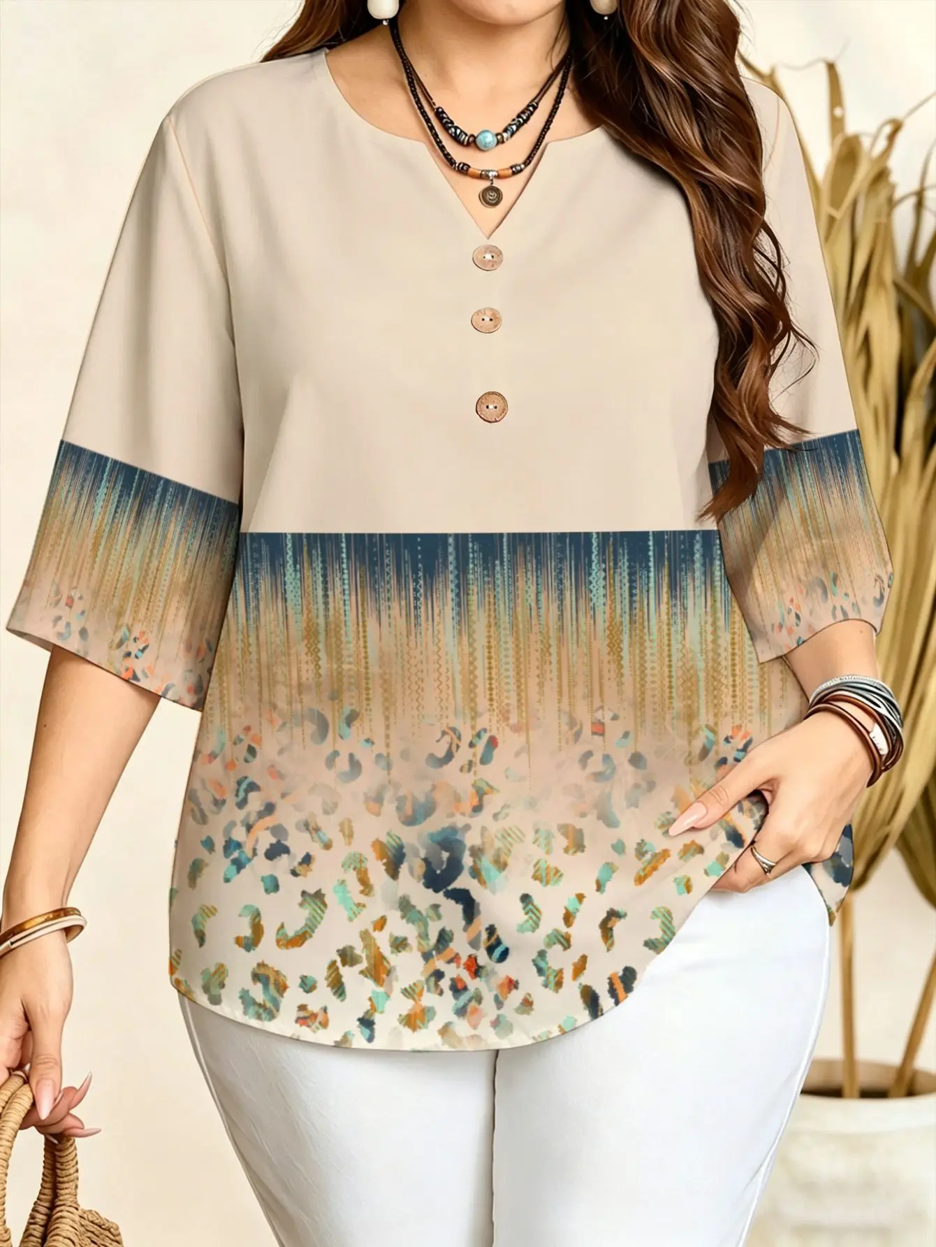 Neutral Earth Tone Geometric Patchwork Leopard Solid Print Plus Size Blouses Notch V Neck 3/4 Sleeve Soft Loose Tops