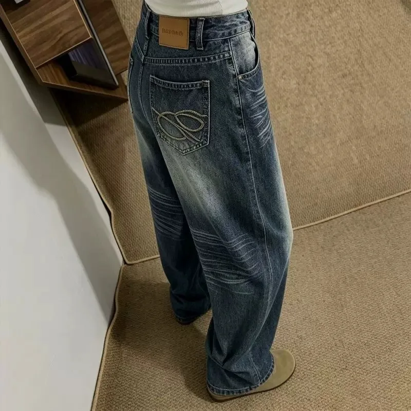 Women 2026 Autumn New American Vintage Curved Wide Leg Jeans Loose Baggy Lazy Style Designer Streetwear Trousers