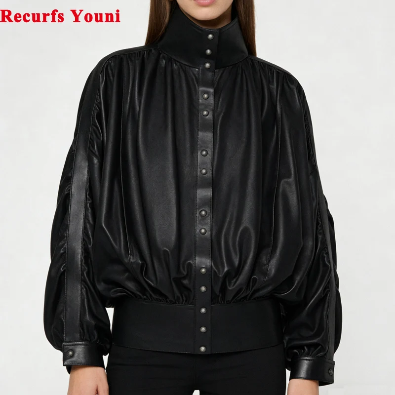 Luxury Pleated Leather Shirt For Women Spring French Elegant Puff Shoulder Blouse Stand Collar Short Jacket Camisas de Mujer