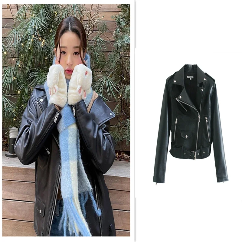 

Kpop Korean Singers Women Loose Faux Leather Jacket Winter Long Sleeve Fashion Ladies Solid Zipper Biker Coat Hip Hop Outerwear