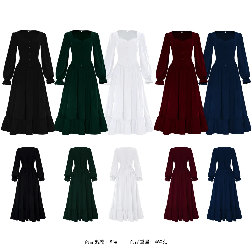 

Women Medieval Victorian Retro Dress Square Collar Long Sleeves High Waist French Apparel Brown Blue Temperament Long Dress