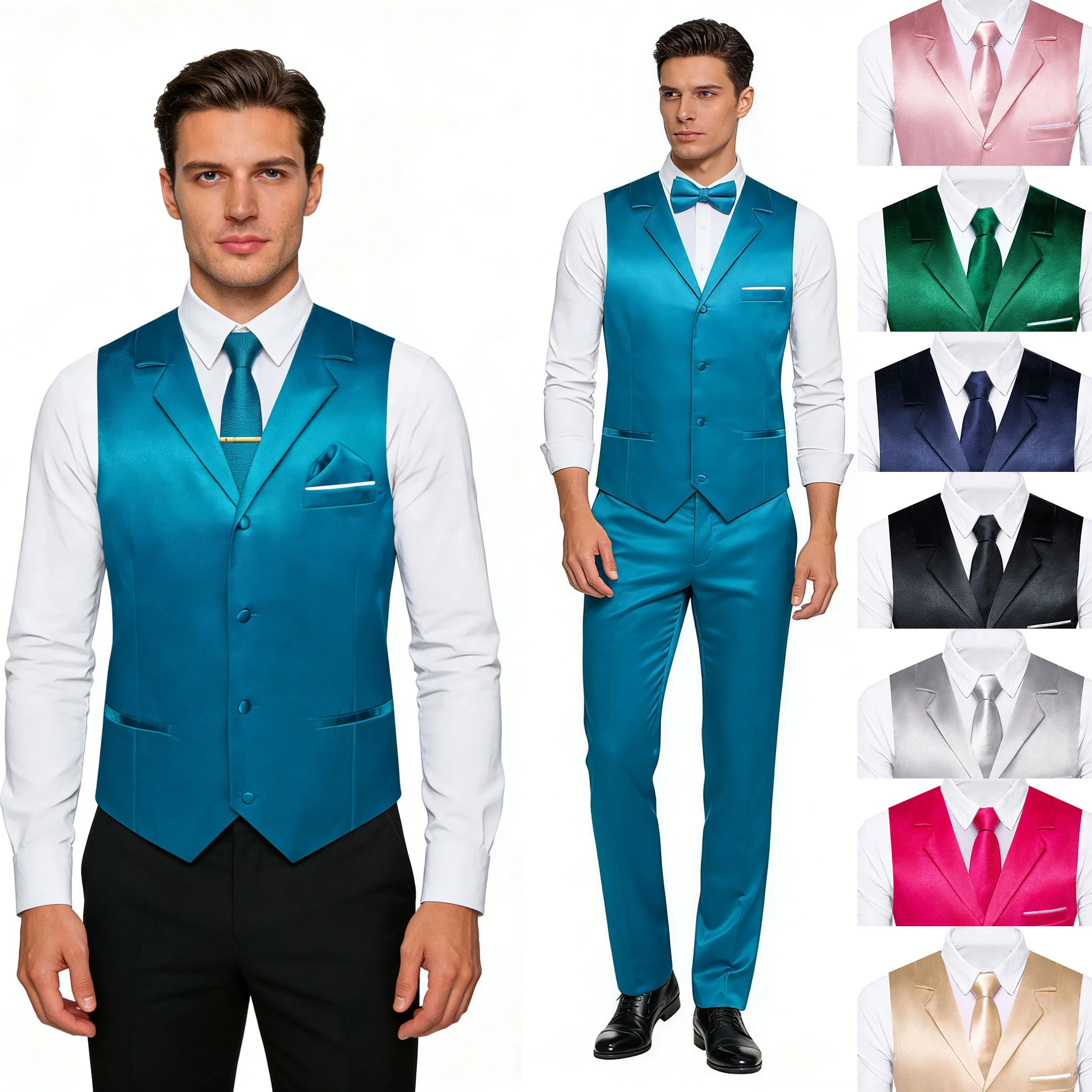 

6PCS Men's Satin Vest & Tie Hanky Cufflinks Bowtie Clip Set – Formal Waistcoat with Multiple Color Options for Weddings Events