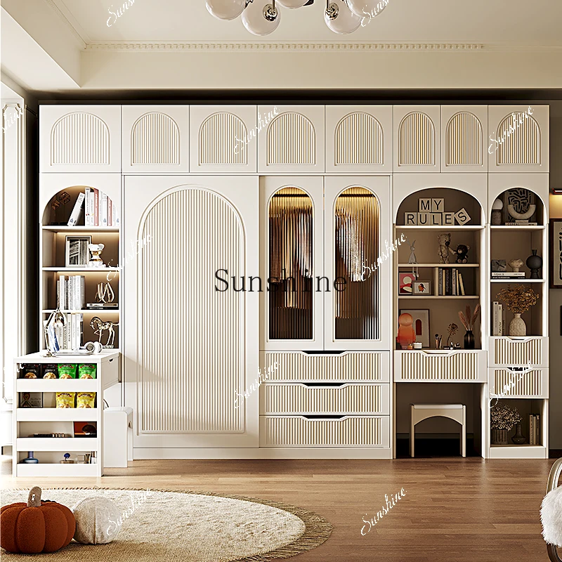 Sliding door wardrobe French retro cream style bedroom wardrobe small apartment dresser integrated storage  FT