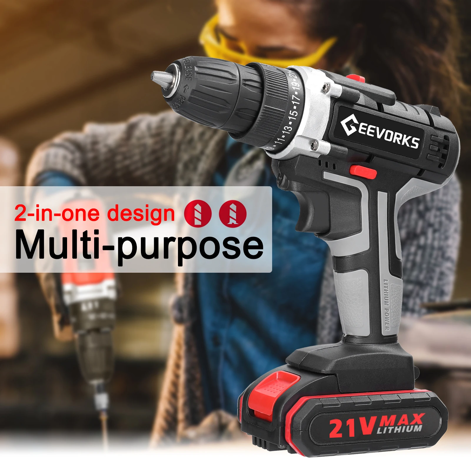 21V Multifunctional Electric Impact Cordless Drill High-power Lithium Battery Wireless Rechargeable Hand Drills Home DIY