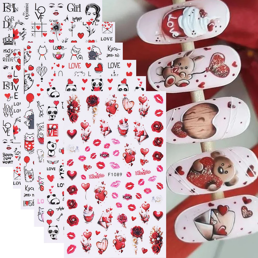 6 Stück Niedliche Cartoon-Nagelkunst-Aufkleber Liebesherz Bär Katze Alphabet-Abziehbilder Valentinstag DIY Nageldekorationen Nagelzubehör