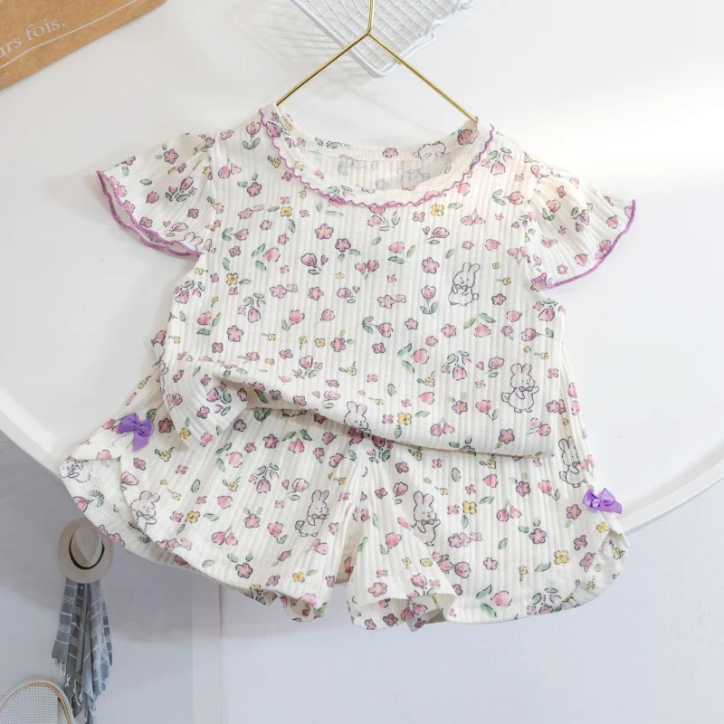 

Children's Pajamas Summer Thin Baby Short Sleeve Shorts Cotton Air Conditioning Clothes Girls' Floral Homewear Suit