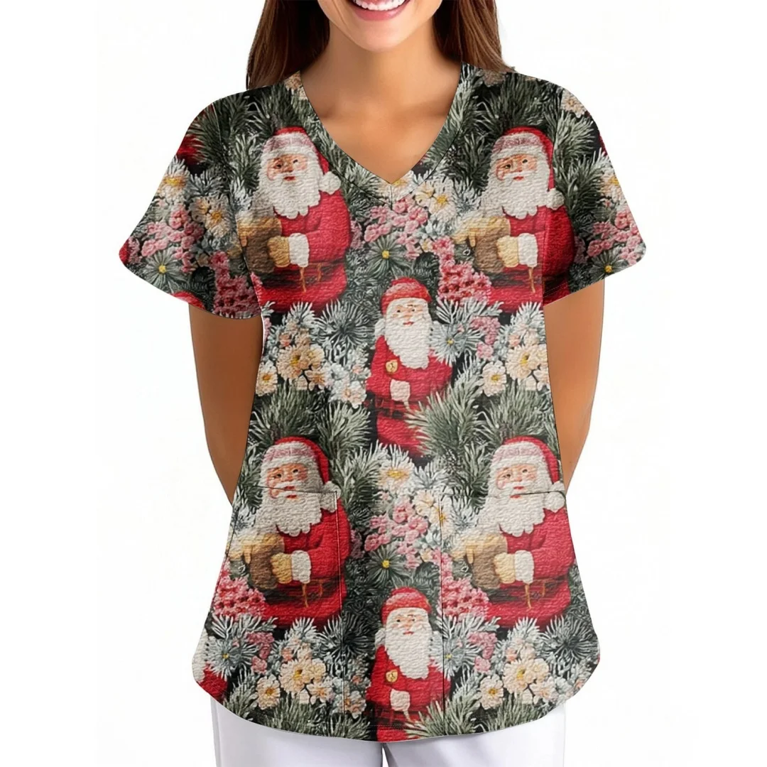 Novo natal feminino uniformes médicos boneco de neve dos desenhos animados impressão dentista esfrega casual manga curta enfermeira uniforme bolsos topos cirúrgicos